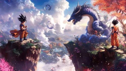 Saiyan warriors confront celestial dragon above floating valleys