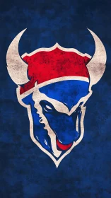 Distressed blue buffalo head emblem with horned red crest design.