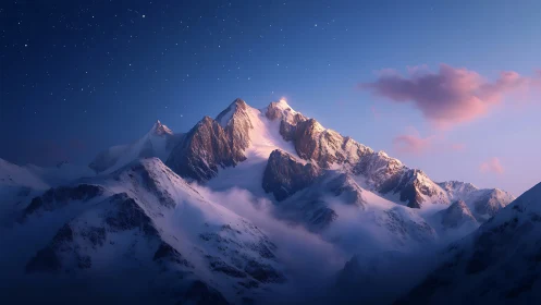 Soft dawn light gently crowns a tranquil snowy mountain range