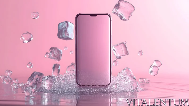 Modern smartphone with ice cubes on pink background, digital art.