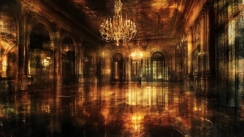 Baroque ballroom interior rendered in glowing abstract light