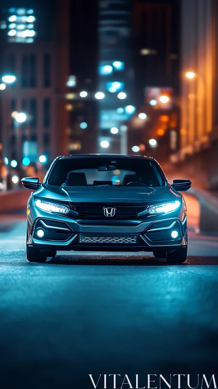 Photorealistic night portrait of Honda sedan, frontal view.