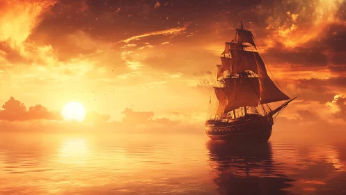 Golden sunset voyage with a peaceful tall sailing ship.