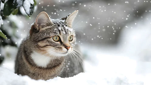 Tabby Cat in Snow with Crystalline Particles Falling