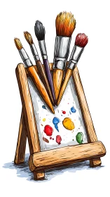 Studio brushes on wooden mini easel with vivid paint splashes.