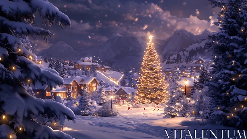 Starlit alpine Christmas village wrapped in glowing snowfall.