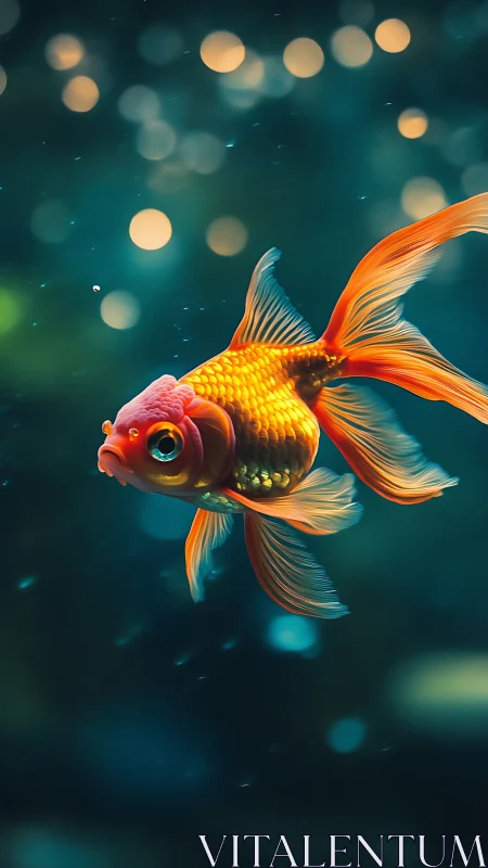 Goldfish swims in teal water with soft circular bokeh