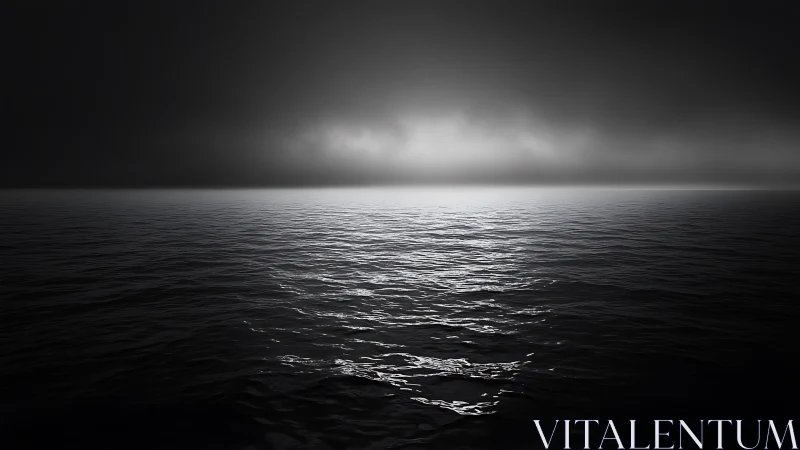 Monochrome ocean horizon under dense fog with reflective swell