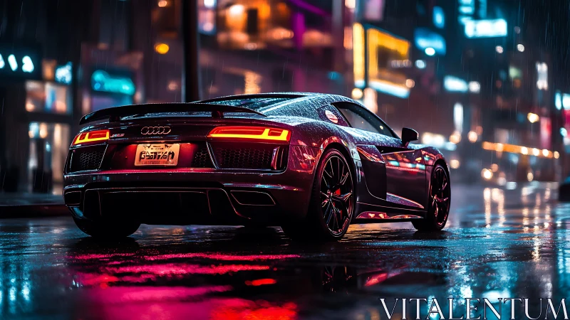 Audi R8 glows under neon city rain on reflective street