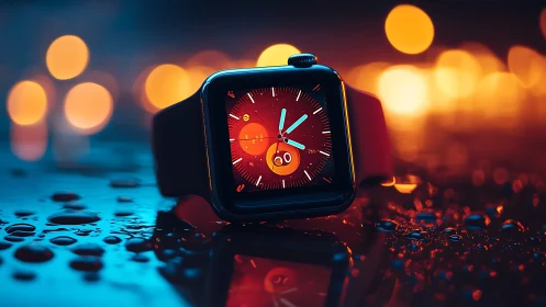 Smartwatch on wet surface with bokeh city lights at night.