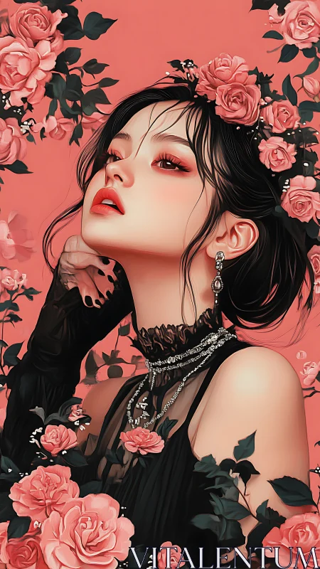 Velvet rose siren poised in coral bloom and dark lace.