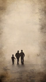 Silhouetted family trio walking across textured sepia field.
