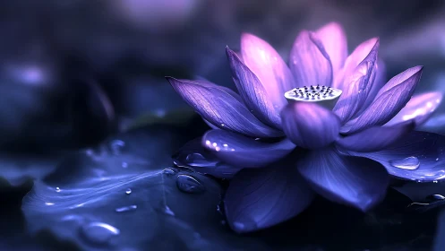 Water lily specimen with pink petals and seed pod, submerged in blue water environment.