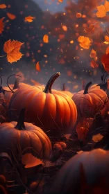 Autumn field pumpkins rendered with volumetric dusk backlighting