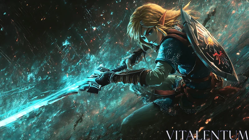 Elf warrior unleashes glowing sword in cosmic storm