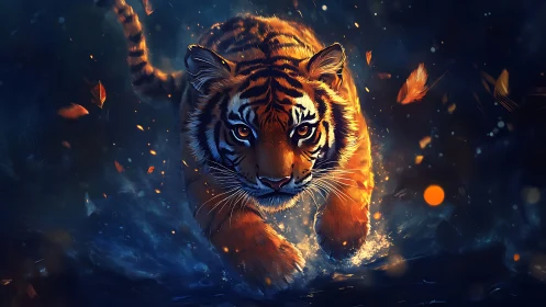 Fiery tiger charging through dark water in vivid light.