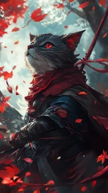 Armored feline figure stands under red foliage in motion