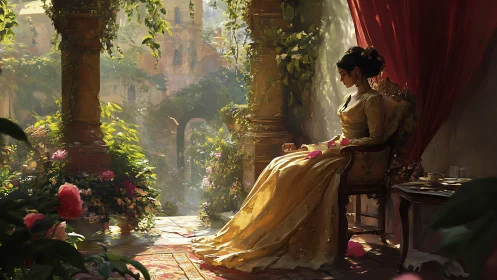 Sunlit terrace portrait of seated noblewoman in gold gown