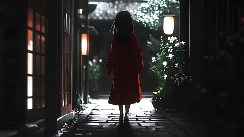 Backlit girl in red kimono on lantern-lit alleyway at night.