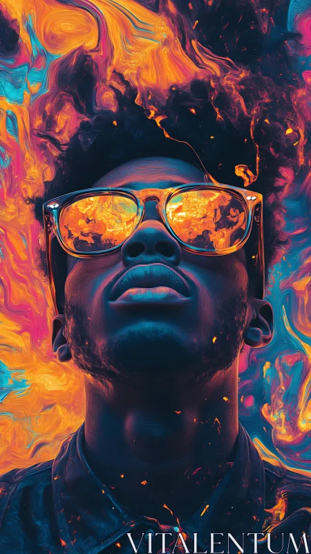 Neon portrait with molten reflections and chromatic flame field.