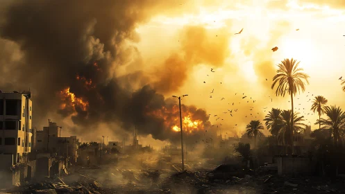 Exploding firestorm engulfs war-torn city at sunset.