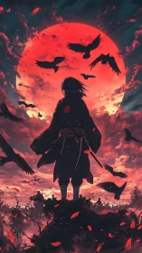 Silhouetted figure observes red moon amid circling crows