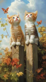 Two Kittens Perched on Wooden Posts Watching Butterflies.