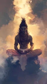 Meditating ascetic sits in radiant clouds of spiritual light.