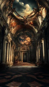 Baroque cathedral hall with celestial dome frescos and dusk light.