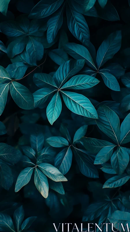 Moody teal foliage forms a tranquil, softly lit pattern.