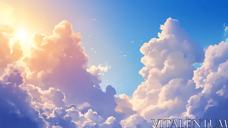 Volumetric cumulus cloudscape under warm spectral sunrise.