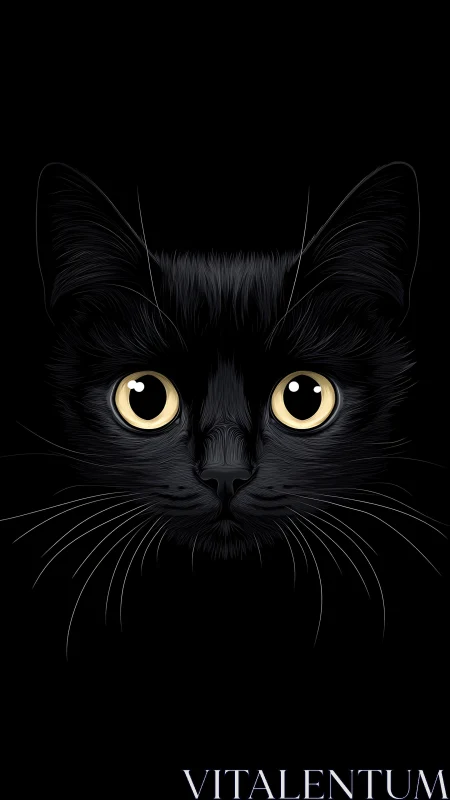 Black Cat Face with Glowing Golden Eyes on Dark Background