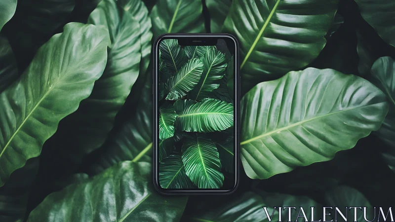 Calm smartphone nestling among lush tropical green leaves.