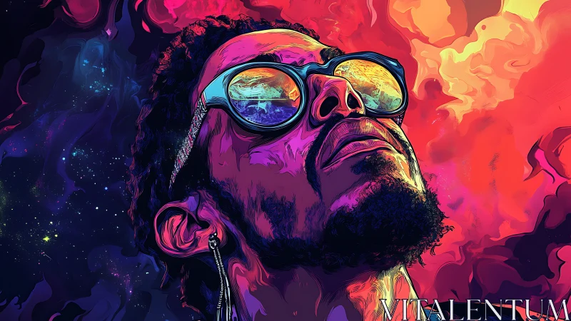 Neon-lit portrait isolates reflective eyewear in cosmic gradients