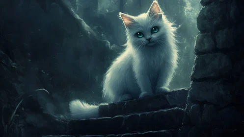 Ethereal White Kitten in Mystical Stone Chamber.