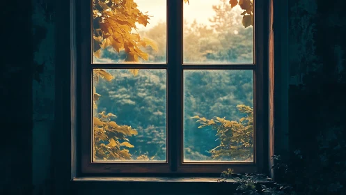 Window frame displays autumn foliage with layered forest vista