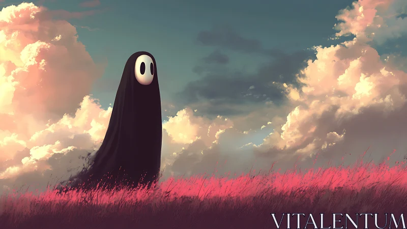 Digital painting of lone ghost figure in luminous fieldscape.