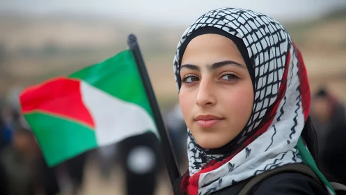 Young Woman in Keffiyeh Holding Palestinian Flag, Natural Light Portrait.