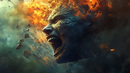 Exploding stone face erupts in fiery cosmic storm of rage.
