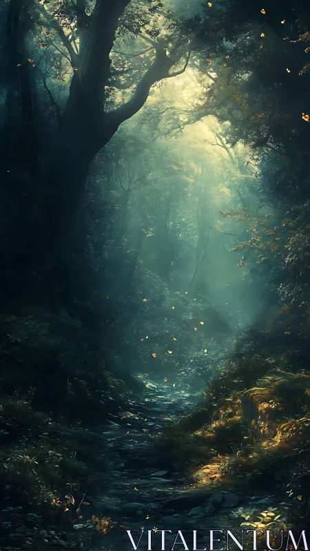 Densely forested landscape with converging tree trunks and atmospheric light