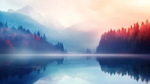 Mist-veiled pines trade whispers across a glassy mirror lake