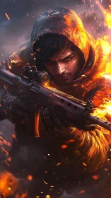 Incandescent tactical marksman in combustive battlefield inferno.