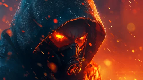 Hooded pyro-soldier in respirator framed by bokeh sparks and embers
