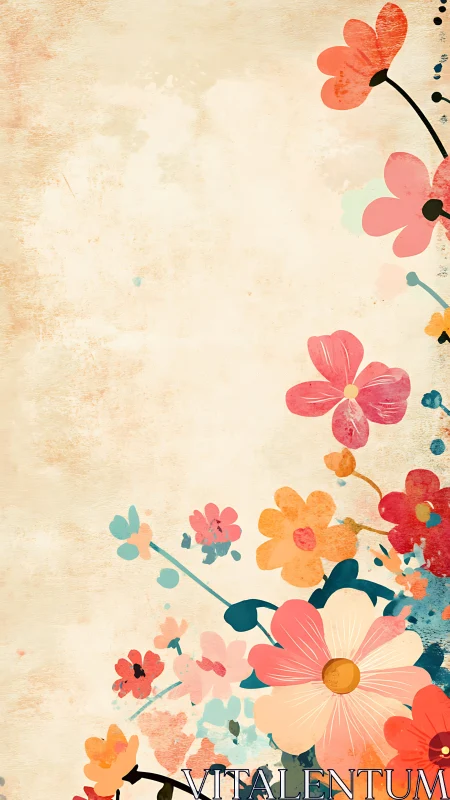 Chromatic Botanical Composition with Layered Floral Motifs on Aged Cream Surface