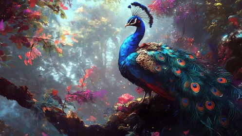 Iridescent peacock poised in chromatic enchanted forest.