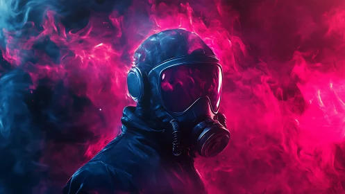 Glowing gas mask silhouette amid neon pink vapor clouds.