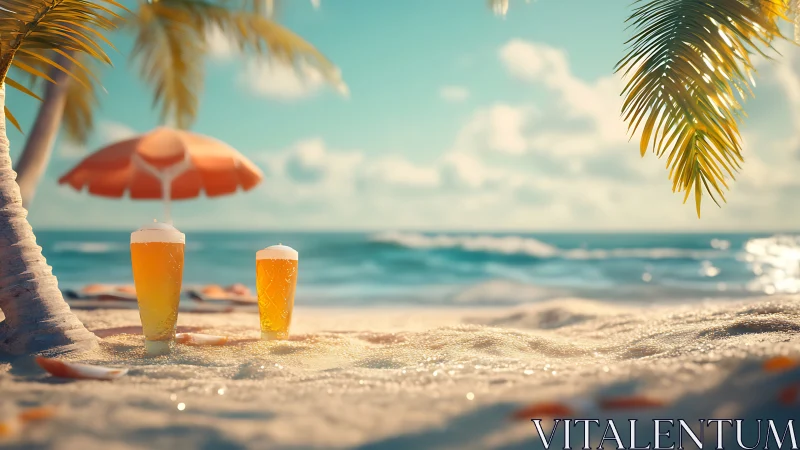 Beer glasses on sand with umbrella, palm fronds, and ocean horizon.