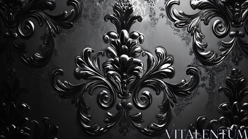 High-relief baroque black floral ornament with glossy reflective surface
