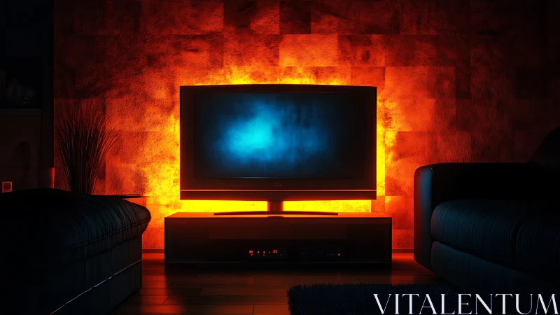 Modern living room with saturated orange accent lighting behind television