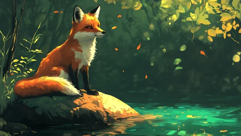 Red fox on riverside rock in softly lit forest scene.